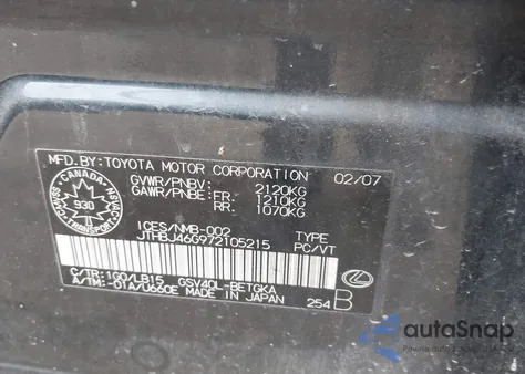 2007 Lexus Es 350 350 из США, поврежденный, VIN JTHBJ46G972105215